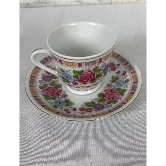 Demitasse Cups & Saucers Set Of 6 Pink Floral Porcelain Vintage Made In China - Picture 1 of 12
